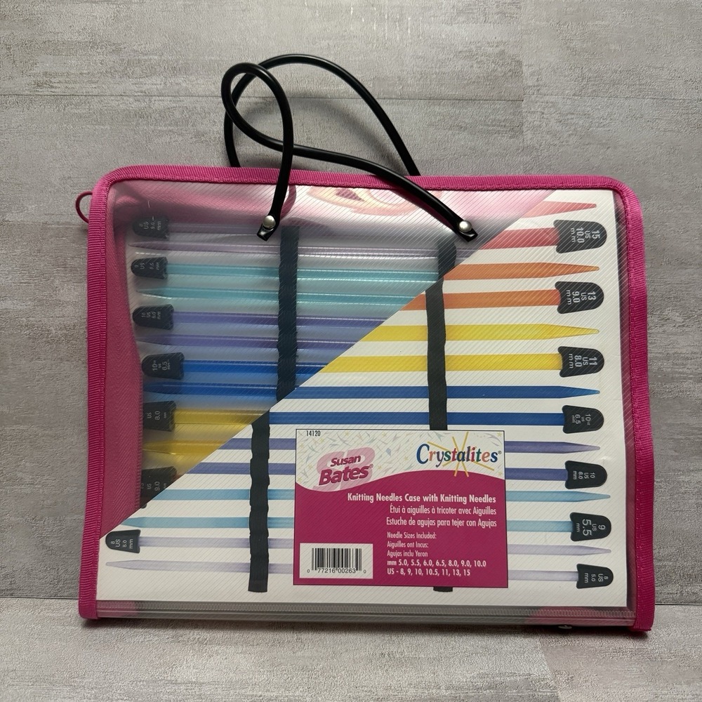 New Susan Bates Crystalites Knitting Needles Set Includes Case & 7 Needle Sizes